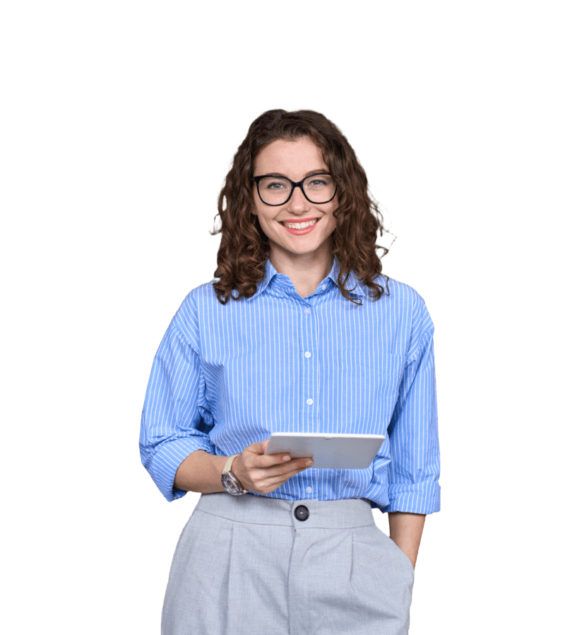 Smiling employee holding a tablet.